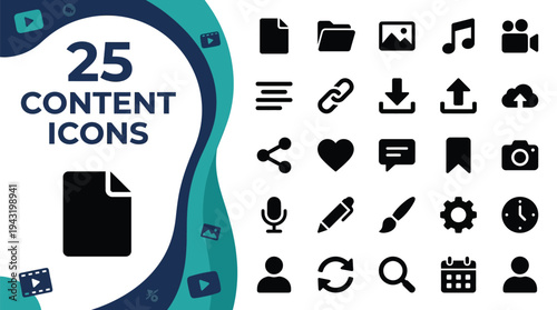 A collection of 25 black content icons on a blue and green wavy background.