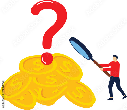 Money confusion and problems, the maze of money, how to make money, directions for getting money or investing, businessmen exploring the maze of money and question marks with a magnifying glass stock 