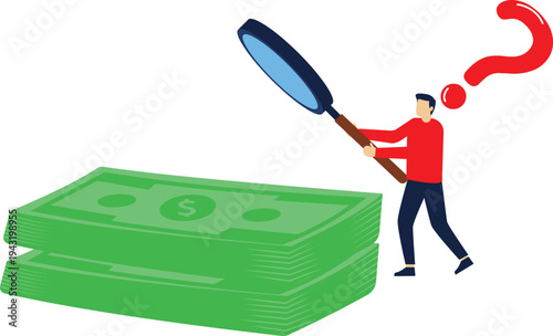 Money confusion and problems, the maze of money, how to make money, directions for getting money or investing, businessmen exploring the maze of money and question marks with a magnifying glass stock 