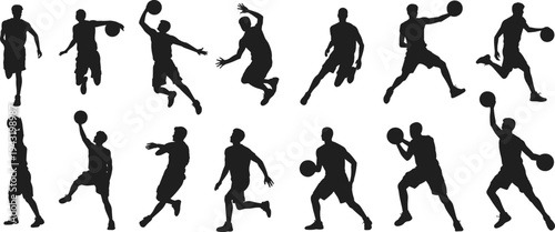 Basketball silhouette, player silhouette, dribbling pose, shooting action, jumping dunk, passing ball, sports vector, athletic art, team sport, dynamic design