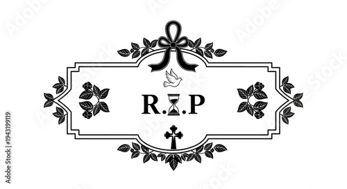 Elegant black and white R.I.P. memorial frame with dove, hourglass, cross, and intricate floral decorations.