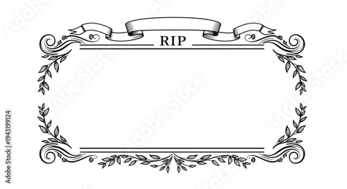 Ornate vintage memorial frame with RIP banner and decorative laurel branches on a white background, suitable for obituaries or death announcements.