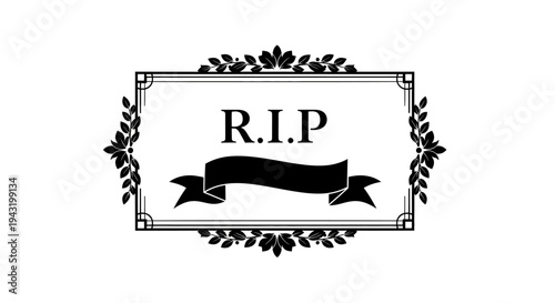 A decorative black and white R.I.P. memorial frame with a banner and leafy border.