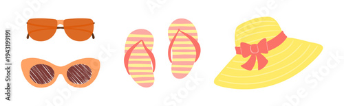 Straw sun hat, flip flops, sunglasses illustration isolated set. Seasonal accessory, summer holidays, vacations, tropical resort. Flat design element, clip art collection, hand drawn vector