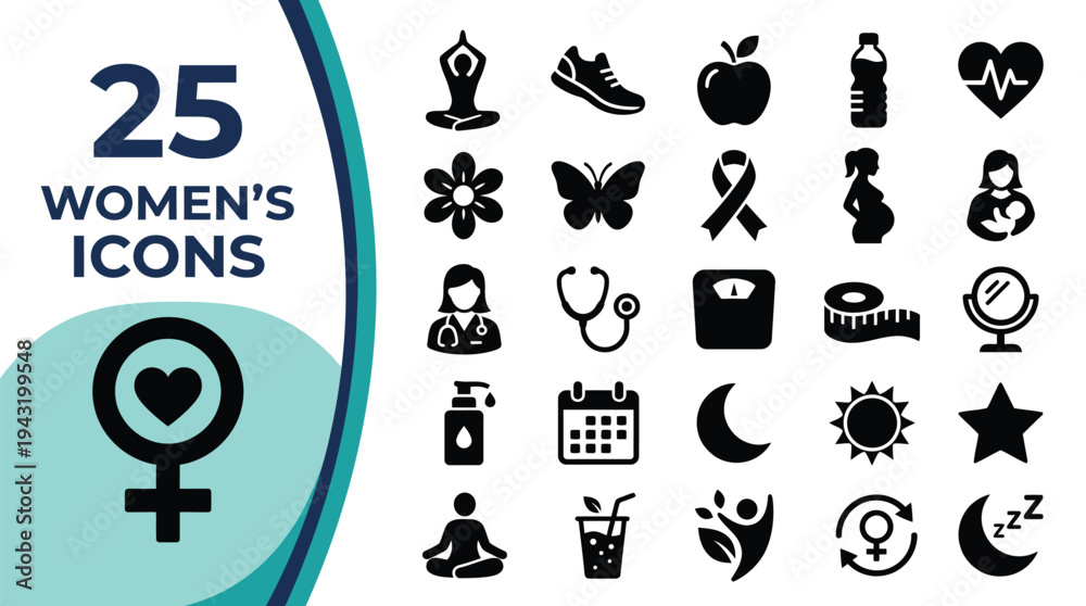 Fototapeta premium Collection of 25 icons representing women's health and lifestyle concepts