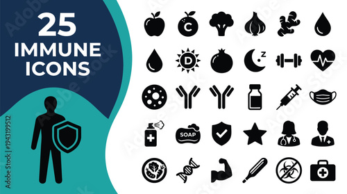 Collection of 25 icons representing health and immunity concepts