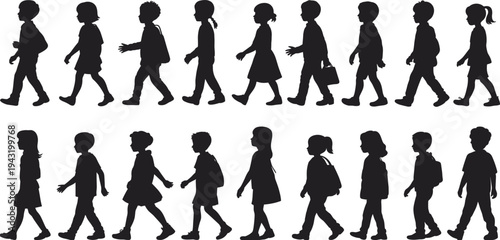 School children walking silhouettes vector set, kids boys girls students pedestrian poses with backpacks isolated illustration collection