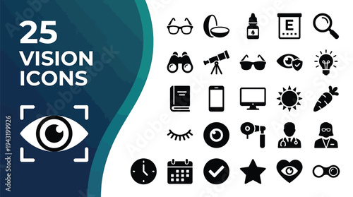 Collection of 25 vision and eye care icons for medical or optical use.