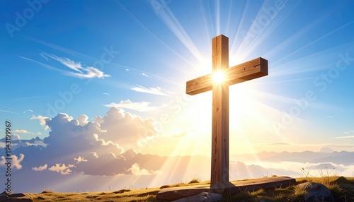 Christian cross on hill with bright sun rays and dramatic sky