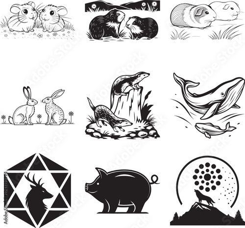 Two cartoon hamsters sitting in grass with small flowers black and white line rodent animal msea set