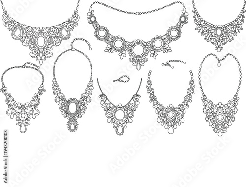 Collection of eight ornamental necklace illustrations with gemstone inspired floral motifs for jewelry, fashion and decorative vector design projects
