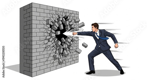 Businessman Punching Through Brick Wall Breakthrough.