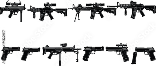 Firearm silhouette illustration, collection of rifles and handguns artwork, tactical weapon vector, black and white design, military combat firearm drawing
