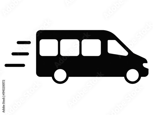 Fast delivery van icon, black silhouette of moving shuttle bus, express transportation and logistics vector illustration