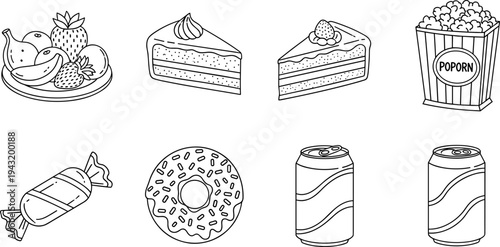 Collection of hand-drawn icons representing various sweet treats and snacks for a fun design