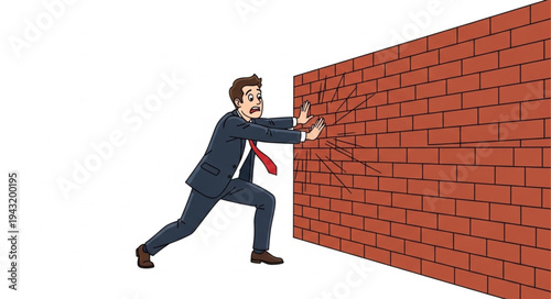 Businessman Pushing Through Brick Wall Breaking Barrier.