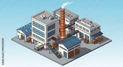 3D Isometric Factory Building Illustration.