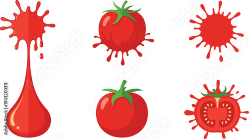 Tomato Sauce Splashes and Fresh Tomato Collection Food Ingredient Vector Illustration Set Isolated