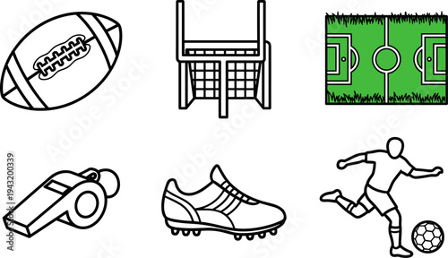Collection of sports icons including football, soccer, and referee equipment