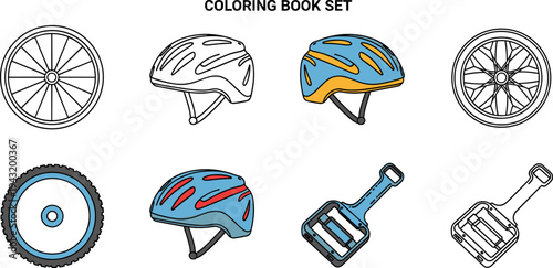 Coloring book set featuring bicycle parts and safety gear for kids