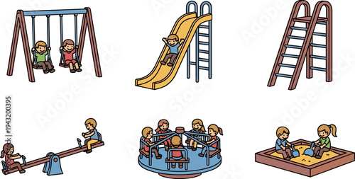 Children enjoying various playground activities like swinging, sliding, and playing in the sandbox