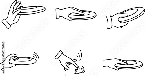 Set of hand gestures holding and interacting with a frisbee disc in a minimalist line art style