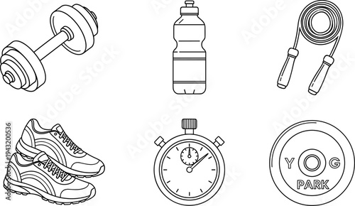 Collection of fitness equipment icons including dumbbell, water bottle, jump rope, shoes, stopwatch, and weight plate