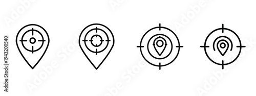 Target and hand holding map pin outline icon set featuring destination focus and positioning mark for navigation service and tracking and more vector illustration