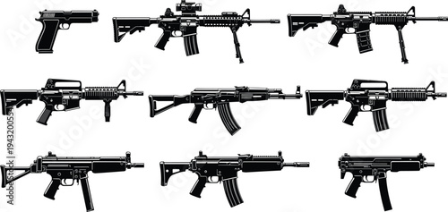 Firearm silhouette illustration, collection of rifles handguns submachine guns, military weapon artwork, black and white vector, tactical combat firearm design drawing