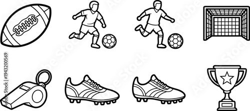 Collection of sports icons including football, soccer players, goal, shoes, whistle, and trophy