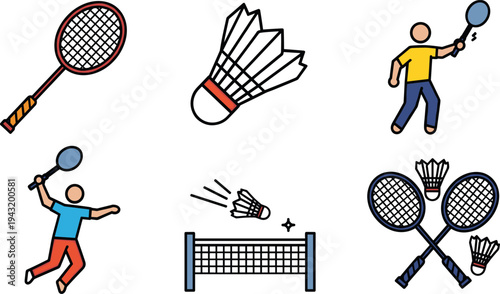 Collection of colorful badminton icons depicting players, rackets, shuttlecocks, and net
