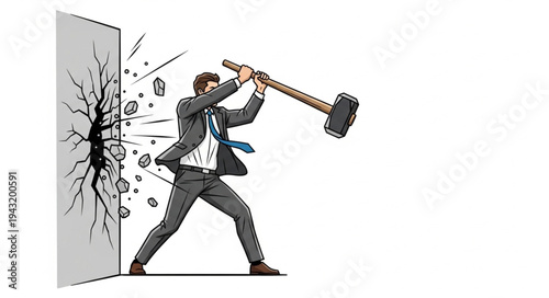 Businessman Breaking Down Wall with Sledgehammer.