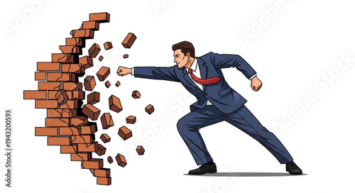 Businessman Breaking Through Brick Wall.
