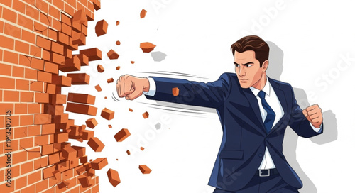 Businessman Breaking Through Brick Wall.