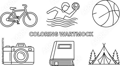Collection of simple outline icons for coloring pages: bicycle, water polo, basketball, camera, book, tent