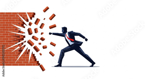 Businessman Breaking Through Brick Wall.