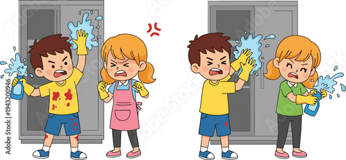 Angry children fighting with cleaning spray bottles, cartoon kids argument and sibling conflict scene, bad behavior and family dispute illustration isolated on white background