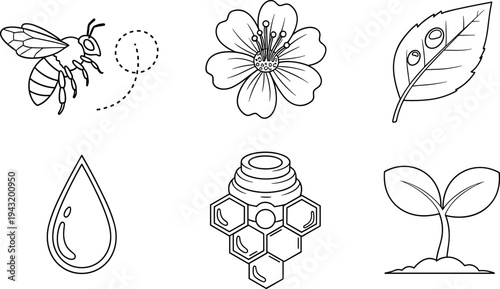 Collection of simple line art icons representing nature and beekeeping elements