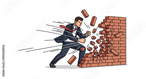 Businessman Breaking Through Brick Wall.