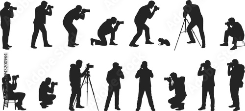 Black Professional Photographer Silhouettes Set in Various Poses Featuring Standing Kneeling and Sitting Male and Female Camera Operators Isolated on White Background for Media Vector