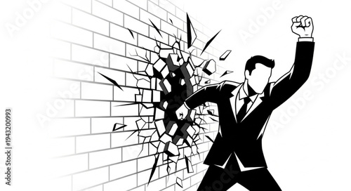 Businessman Breaking Through Brick Wall.