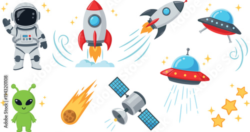 Cute space cartoon collection with astronaut rocket UFO alien satellite meteor and stars sci fi vector illustration set