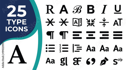 A collection of typography and text editing icons are displayed.