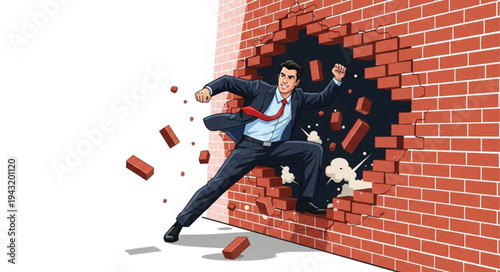 Businessman breaking through brick wall with determination and strength.