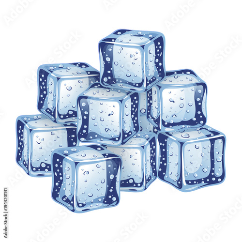 Realistic blue ice cubes with water droplets in a pile isolated on white background transparent