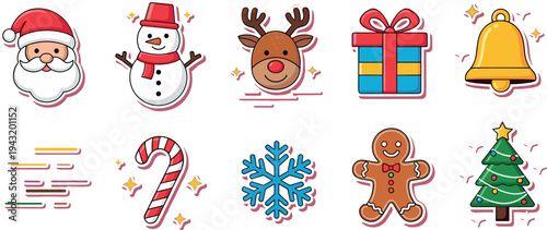 Cute Christmas icon collection with Santa snowman reindeer gift candy cane snowflake gingerbread and tree festive vector illustration