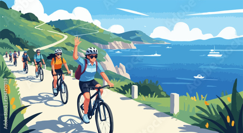 Cyclists riding along a scenic coastal path