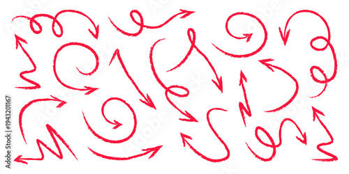 Arrow drawn hand vector line icon set. Hand drawn brush chalk stroke arrow curve, thin pencil scribble shape with vintage charcoal crayon texture. Doodle up down arrow symbol. Vector illustration