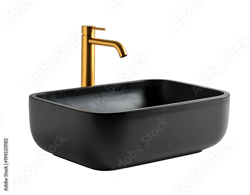 Sleek black vessel sink with brushed gold faucet against a dark background