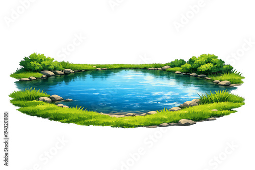 Vibrant illustration of crystal blue pond surrounded by green grass and bushes